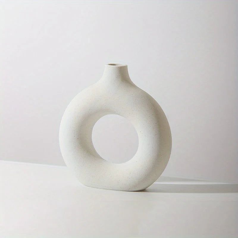 1Pc, White/Beige Ceramic Vase Vases for Decor, Modern Home Decor Vase, Boho Vases for Decor, Circle Vase, round Vase, Donut Vas